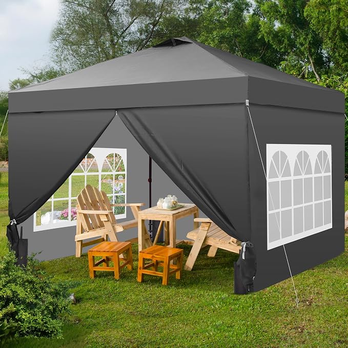 GDY 10x10 Pop Up Canopy Tent with 4 Sidewalls, Easy Set up, Outdoor Silver Coated Beach Gazebos, Carpas with 4 Sandbags, for Events, Parties,Camping, Grey.