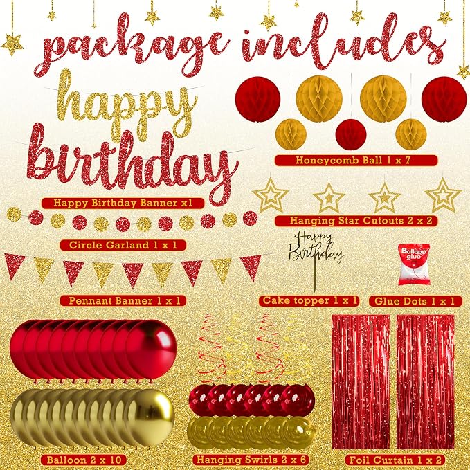 Red and Gold Birthday Party Decorations Set - Happy Birthday Banner Balloons Foil Curtains Hanging Swirls for Men Women Birthday Party Supplies