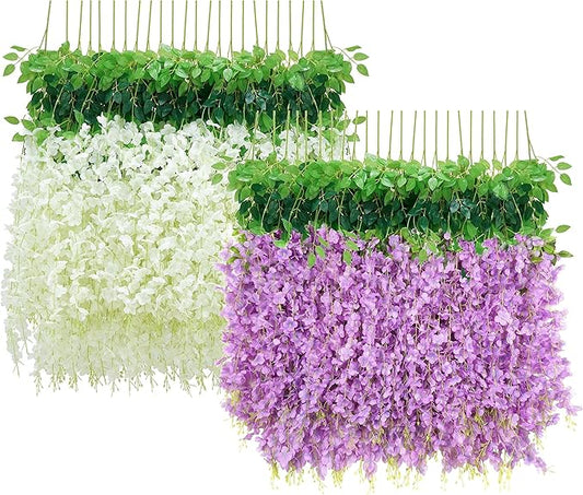 BLEUM CADE 20 Pack White & 20 Pack Purple 3.6Ft/Pcs, Wisteria Hanging Flowers Artificial Decor for Wedding Party Backdrop Home Wall Decora