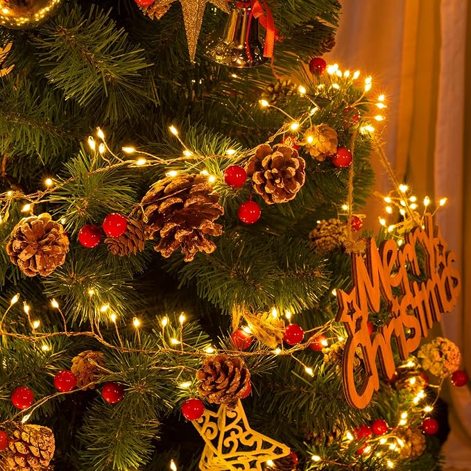 Minetom Christmas Pine Lighted Garland Decor, 9.8 Ft 60 LED with 8 Modes | Red Berry Pine Cone Battery Operated Christmas Garland Lights, Remote Control for Mantle Fireplace Stairs Xmas Indoor Decor