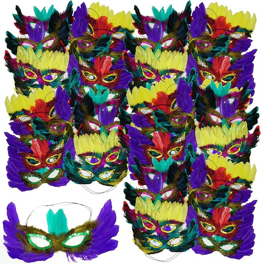 4E's Novelty Bulk Mardi Gras Masks With Feathers for Adult Men Women, Masquerade Party Masks for Party Outfit Accessories