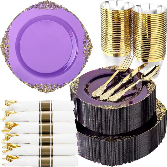 Nervure 350PCS Purple Plastic Plates - Disposable Purple Gold Party Plates & Pre Rolled Napkins with Cutlery for 50 Guests, 100Plates, 150 Silverware, 50 Cups, 50 Napkin for Wedding & Party & Bridal
