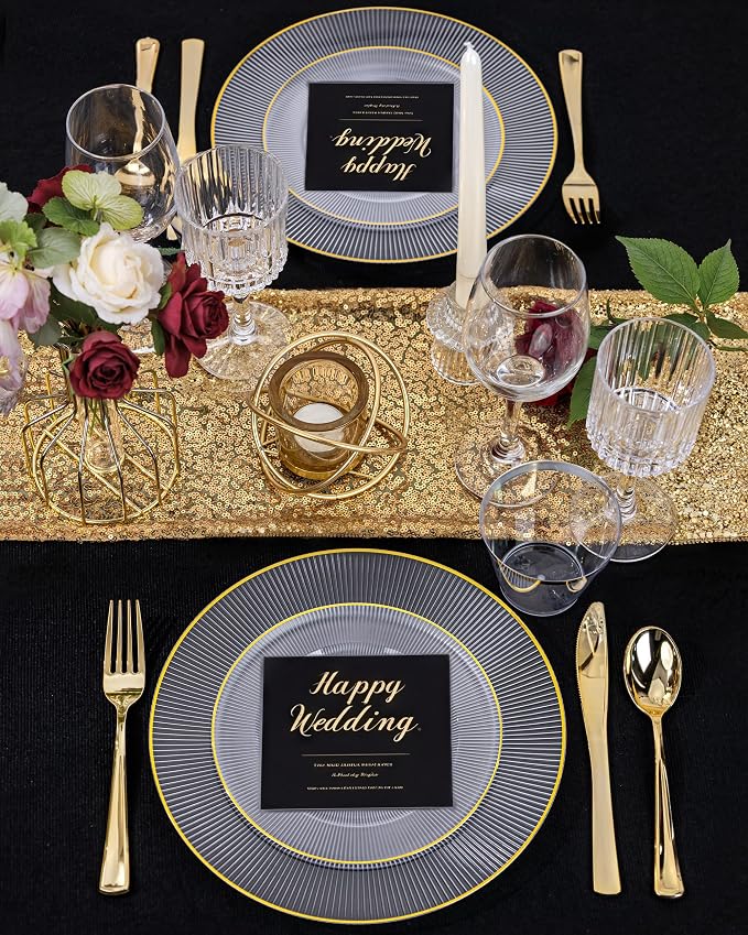 Hioasis 60pcs Clear and Gold Plastic Plates - Clear Disposable Dinnerware Set, 30pcs Dinner 10in & 30pcs Dessert 7in Plates with Striped Designs for Party & Wedding