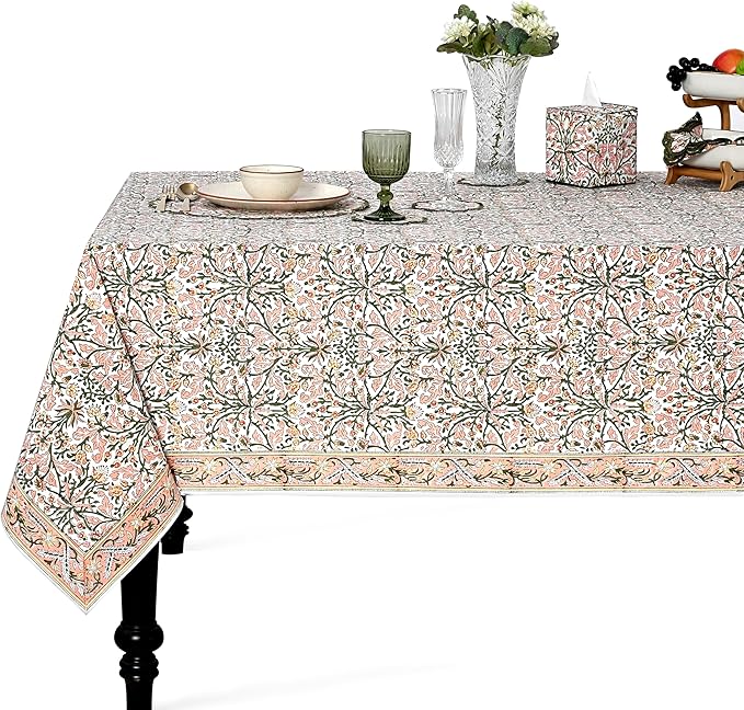 Ridhi Sassy Salmon and Emerald Green Hand Block Print Cotton Rectangle Tablecloth 108" x 70" inches Reusable Table Cover Decorative Everyday Use for Dining Room, Farmhouse, Gift Spring, Mother's Day
