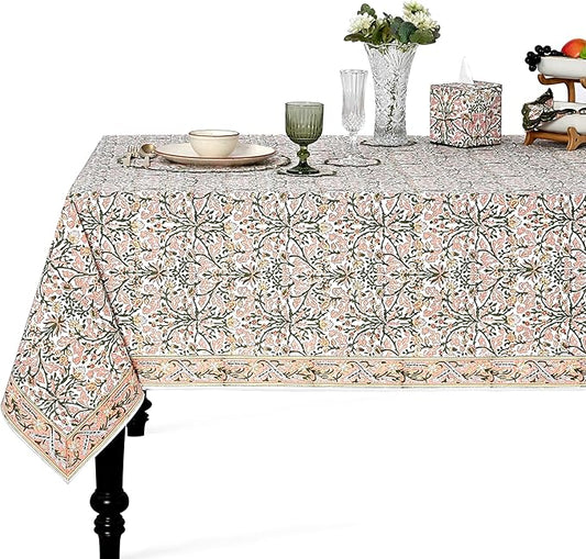 Ridhi Sassy Salmon and Emerald Green Hand Block Print Cotton Rectangle Tablecloth 108" x 70" inches Reusable Table Cover Decorative Everyday Use for Dining Room, Farmhouse, Gift Spring, Mother's Day
