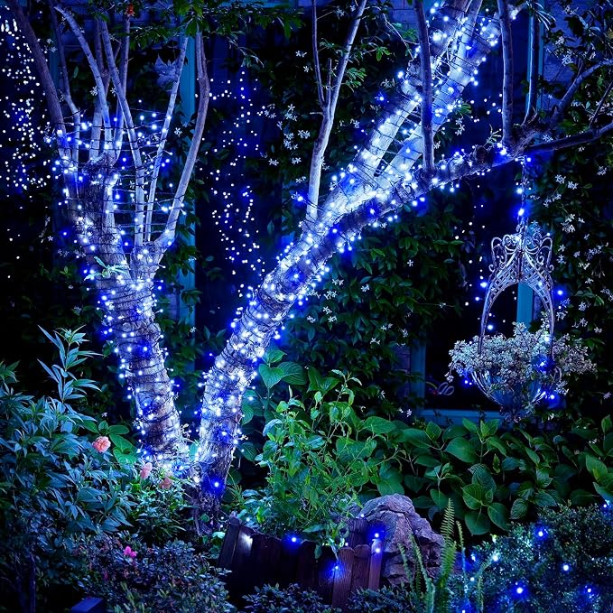 JMEXSUSS 250 LED Blue & White Christmas Lights, 91.5ft String Light Plug in | Christmas Tree Lights, Extendable, Green Wire, Waterproof, 8 Modes, Indoor/Outdoor, Porch Garden Patio Rail Christmas Decor