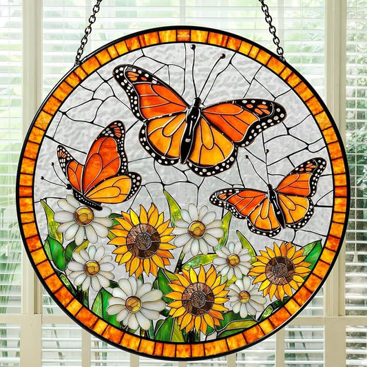 Daisy and Butterfly Stained Glass Suncatcher for Window – Monarch Butterfly Sunflower Daisy Round Sun Catcher 6x6 Inch – Gift for Butterfly Lovers Women Home Decor Hanging Decoration