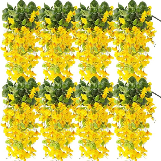 XunYee 8 Pcs Artificial Hibiscus Flowers for Outdoors Spring Summer Decor Fake Hanging Flowers Plants Uv-Resistant Faux Hibiscus Flower for Outside Porch Patio Front Door (Yellow)
