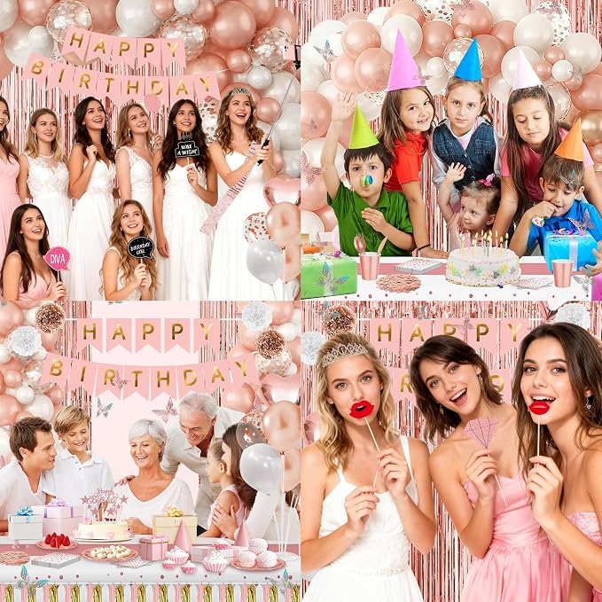 Birthday Decorations for Women or Girl,Rose Gold Balloons Birthday Decorations for Girl Kit Disposable Dinnerware Set with 25 Guest,Banner Balloon,Tiara,Sash,Pump,Photo Props and Butterfly Decorations