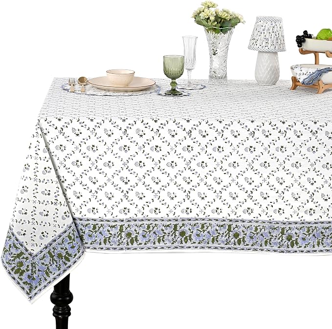 Ridhi Powder Blue Hand Block Print Cotton Rectangle Tablecloth 90" x 60" inches Reusable Table Cover Decorative Everyday Use for Dining Room, Farmhouse, Home Gift for Spring, Mother's Day