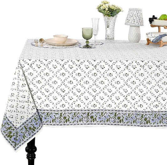 Ridhi Powder Blue Hand Block Print Cotton Rectangle Tablecloth 108" x 60" inches Reusable Table Cover Decorative Everyday Use for Dining Room, Farmhouse, Home Gift for Spring, Mother's Day