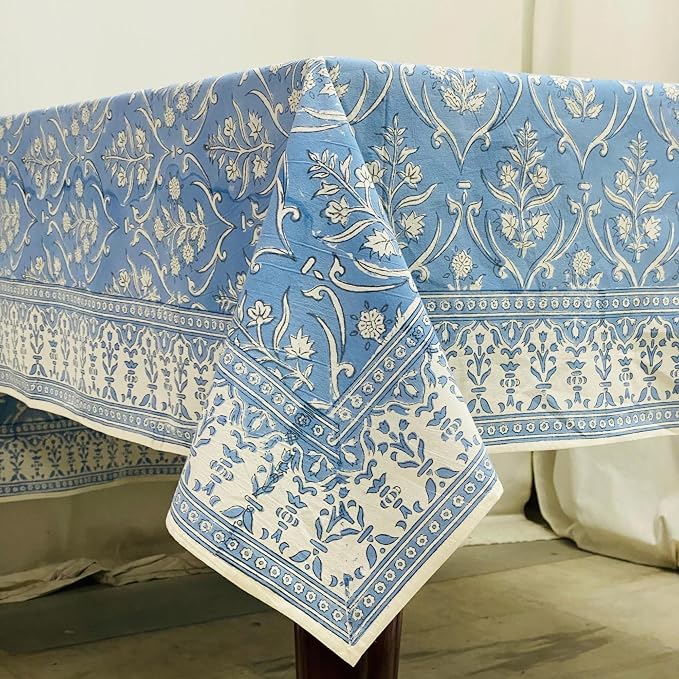 Ridhi Cornflower Blue Hand Block Print Cotton Rectangle Tablecloth 102" x 48" inches Reusable Table Cover Decorative Everyday Use for Dining Room, Farmhouse, Home Gift for Spring, Mother's Day