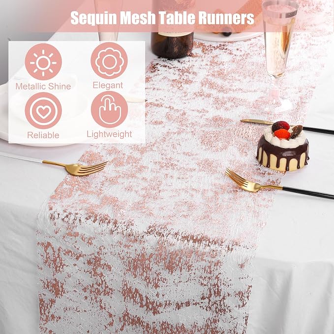 Aneco 12 Pieces Metallic Glitter Table Runner 84 x 11 Inches Rose Gold Glitter Mesh Table Runners Sparkle Rectangle Runner Roll Decorations for Wedding Baby Shower Birthday, DIY Home Decor