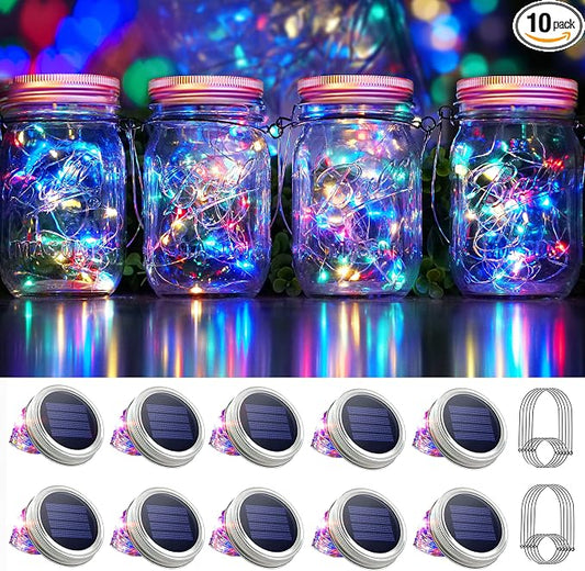 SmilingTown 30 LED 10 Packs Mason Jar Lights with Hangers Colorful Solar Mason Jar Lids Fairy String Light Outdoor for Patio Yard Garden Decor Christmas Wedding Party Lights (NO Jars)