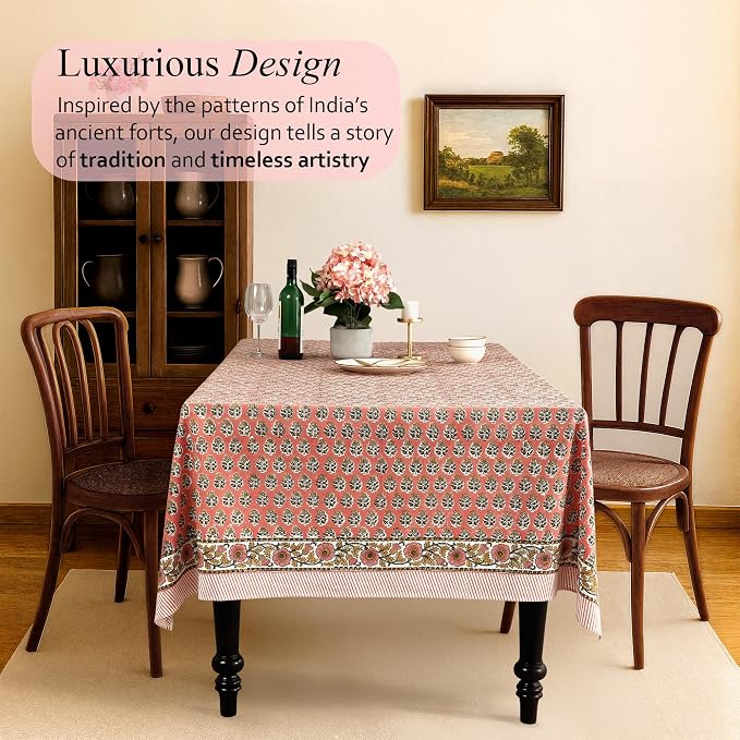 CPC Cotton Tablecloth 60x108 Inch Rectangle Indian Block Print Table Cloth- Green Washable Wedding, Dinning, Farmhouse, Floral Table Cover for Summer - Poppy Pink