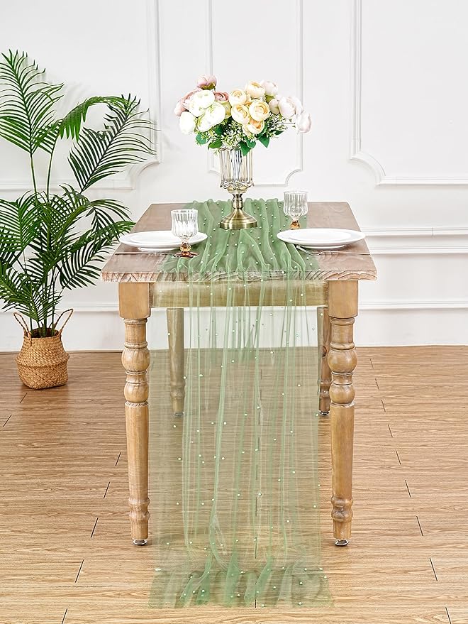 Wedding Pearl Tulle Table Runner: 10ft Sheer Fabric 6pcs Wedding Lace Desk Runners Arch Ceilings for Bridal Veil Baby Shower Sweetheart Table Decorations