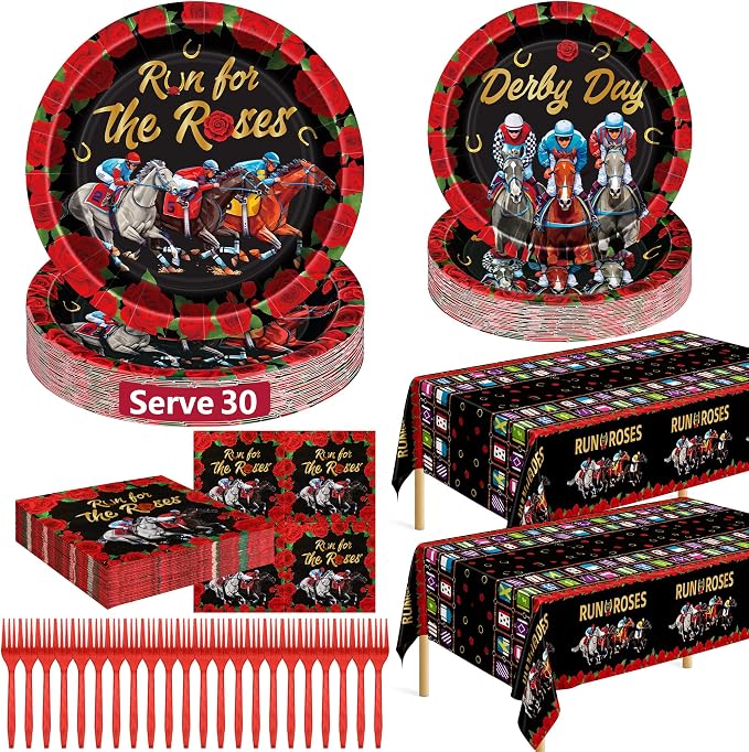 QZYL 122 PCS Derby Party Supplies, Disposable Derby Plates Tablecloths Forks Horse Napkins Set, Run for The Rose Kentucky Racing Horse Decorations for Party Tableware Supplies, Serves 30