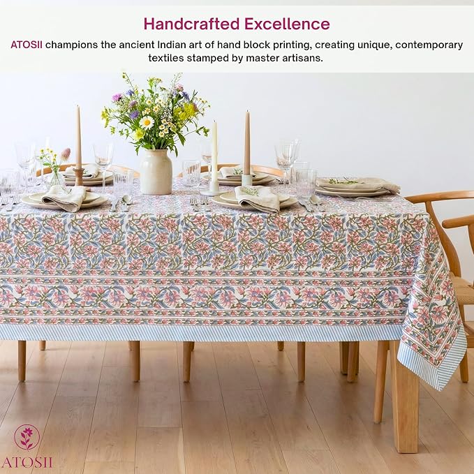ATOSII Kalina 100% Cotton Rectangle Tablecloth, Handblock Floral Linen Table Cloth for Kitchen Dining Table I Parties Wedding Outdoors I Home Decor 60 X 90 Inches