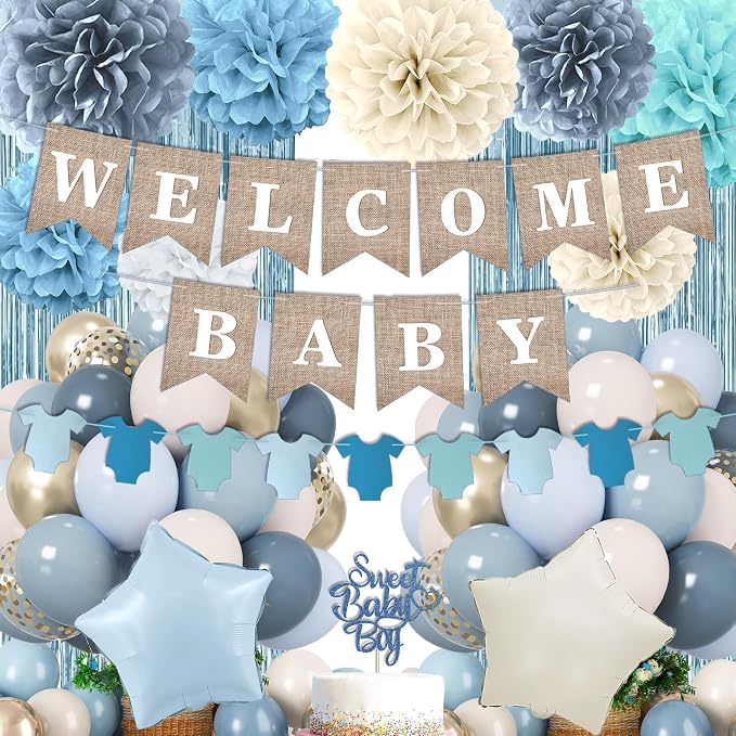 Dusty Blue Baby Shower Decorations, Boy Baby Shower Decor Set with Welcome Baby Banner, Paper Pom Poms, Sweet Baby-Boy Cake Topper, Fog Blue White Gold Balloons, Boho Baby Boy Shower Party Supplies