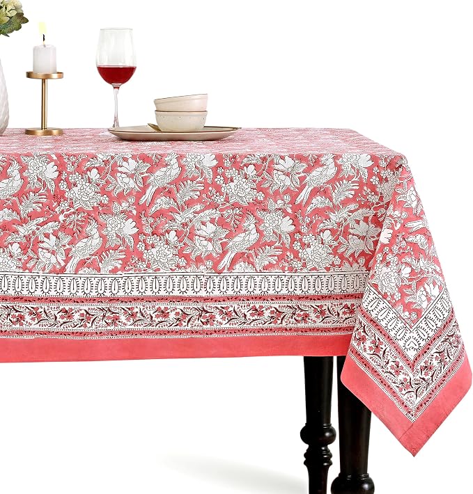 CPC Tablecloth 100% Cotton 60x90 Inch Indian Block Print Rectangle Table Cover, Washable Table Cloth for Weddings, Spring/Summer, Barbeque - Coral Pink