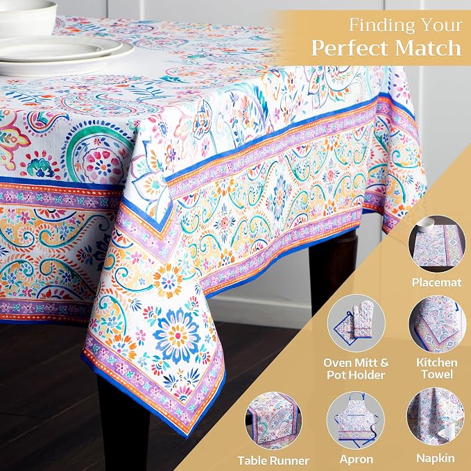 Maison d' Hermine Table Cloth Rectangle Table 100% Cotton 60 x 90 Inches Tablecloth Reusable Decorative for Dining Kitchen Room Farmhouse Party Home Hotel Restaurant Spring Summer - Indian Floral