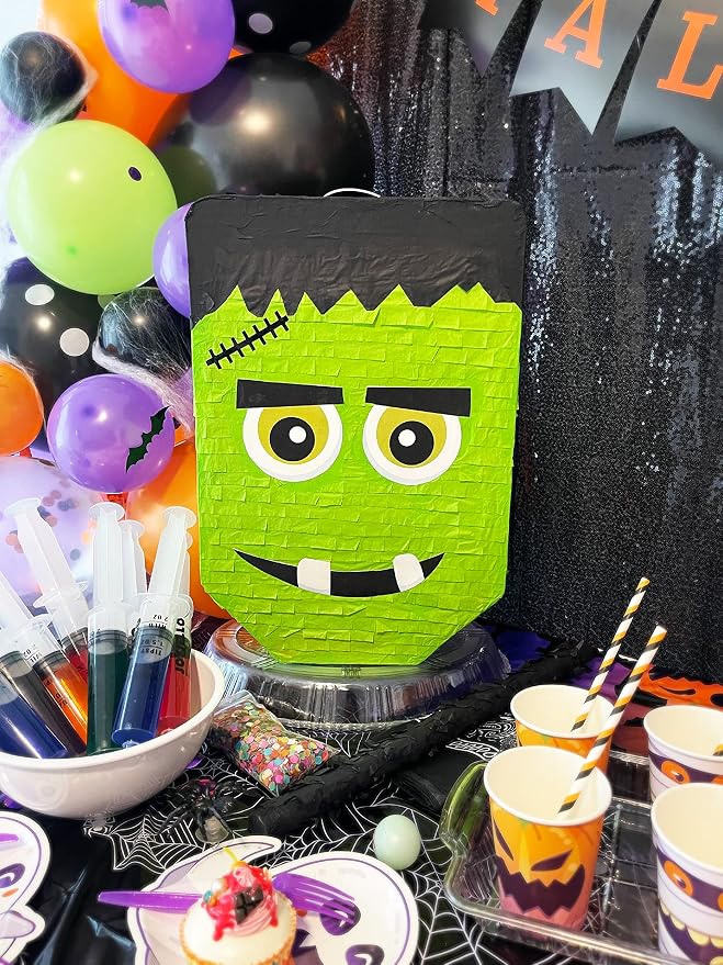 Jergrim Cute Frankenstein Halloween Piñata 3-piece Bundle for kids and adults, fits 2lbs of candy, perfect for Halloween party, spooky decorations, October birthday and party supplies
