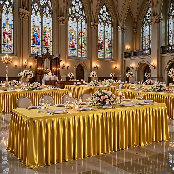Wish Care 4 Pack Satin Table Cover Skirts for 6ft Rectangular Tables, Dark Gold Shimmer Silk Tablecloth with Floor Length Ruffle for Wedding Banquet Party Buffet Decoration