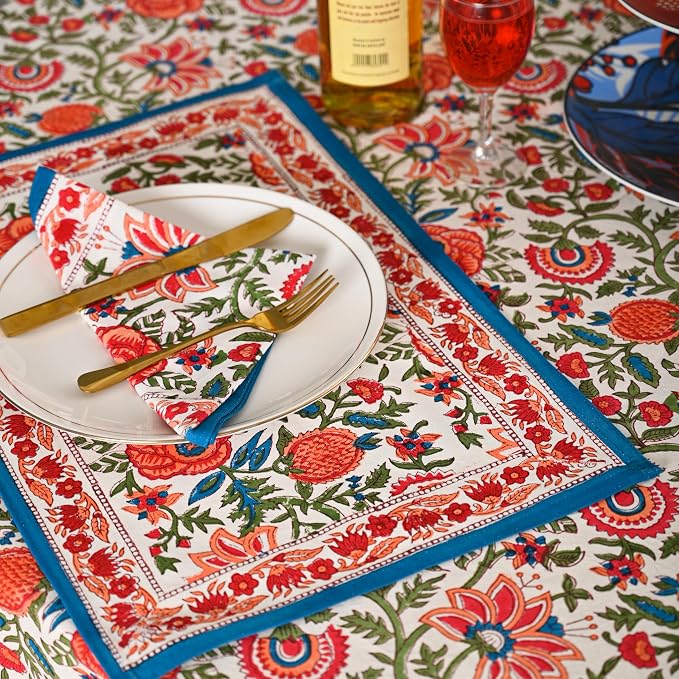 Hand Block Printed Tablecloth, Colorful Floral Print, Indian Artisan Handmade Art, Dining Room, Kitchen, Outdoor Décor, (Peach Floral, 6 Seater 60 x 90 Inches Rectangle)