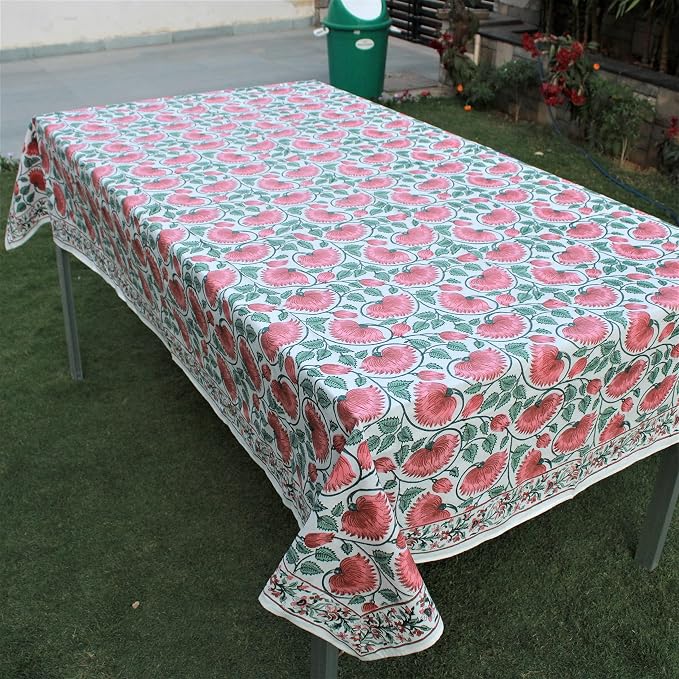 Ridhi Coral & Turquiose Green Hand Block Print Cotton Rectangle Tablecloth 102" x 48" inches Reusable Table Cover Decorative Everyday Use for Dining Room, Farmhouse, Home Gift for Spring, Mother's Day