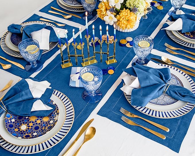 Solino Home Linen Table Runner 108 Inches Long - 100% Pure Linen Indigo Blue Table Runner 14 x 108 Inch for Spring, Summer, Mothers Day - Classic Hemstitch