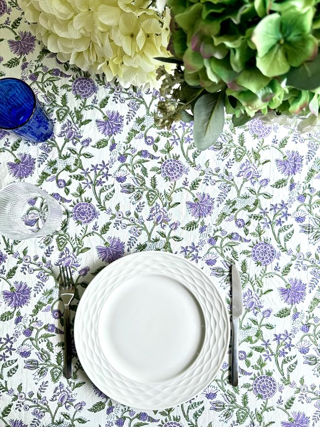 ATOSII Mahoka 100% Cotton Block Print Round Tablecloth, Floral Table Cloth Linen for Dining Parties Weddings Outdoors Holidays I 60" Inches Round, 4 Seater I Spring Summer Farmhouse Grandmillennial