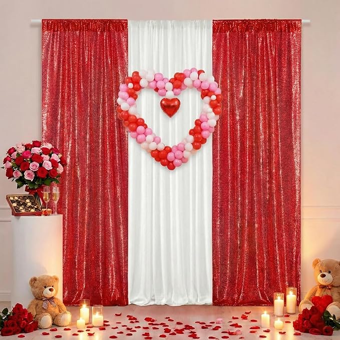 PartyDelight Red Sequin Backdrop Curtains 2x8ft 2 Panels | 3mm stitched sequin curtain with 4 inch rod pocket for 2x8ft 2 panel doorway window side drape narrow photo booth strip