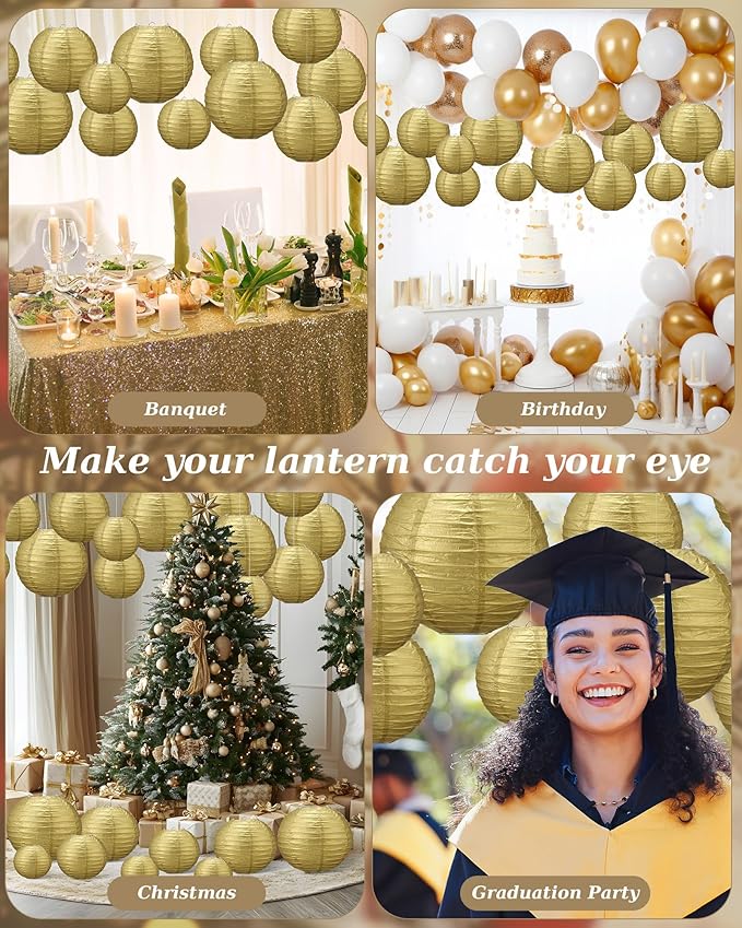 Treela 48 Pcs Paper Lanterns Party Decorations Chinese Round Paper Decor 4/6/8/10 Inch Asian Hanging Lamps Decorative for Graduate Wedding Birthday Party Bridal Parties Supplies(Gold)