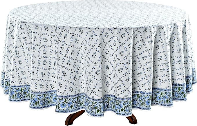 Ridhi Round Tablecloth Hand Block Print 100% Cotton Reusable Powder Blue 90 Inch Table Cover Decorative Everyday Use for Dining, Home, Party, Wedding, Farmhouse, Party Gift for Spring, Mother's Day