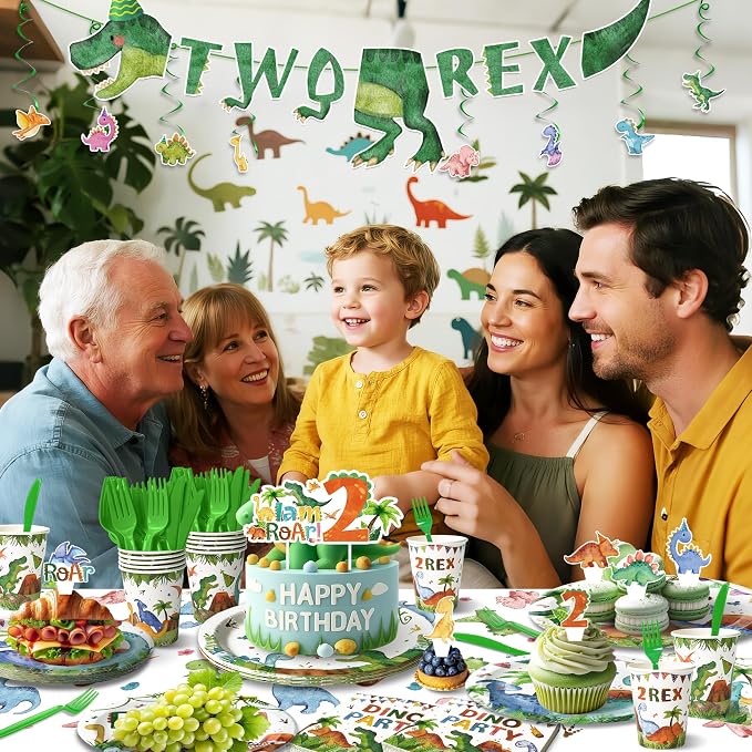 2nd Birthday Dinosaur Party Supplies Set - 197 Pcs for 24 Guests, 2-Rex Theme Decorations with Banner, Balloons, Tableware & Cake Toppers