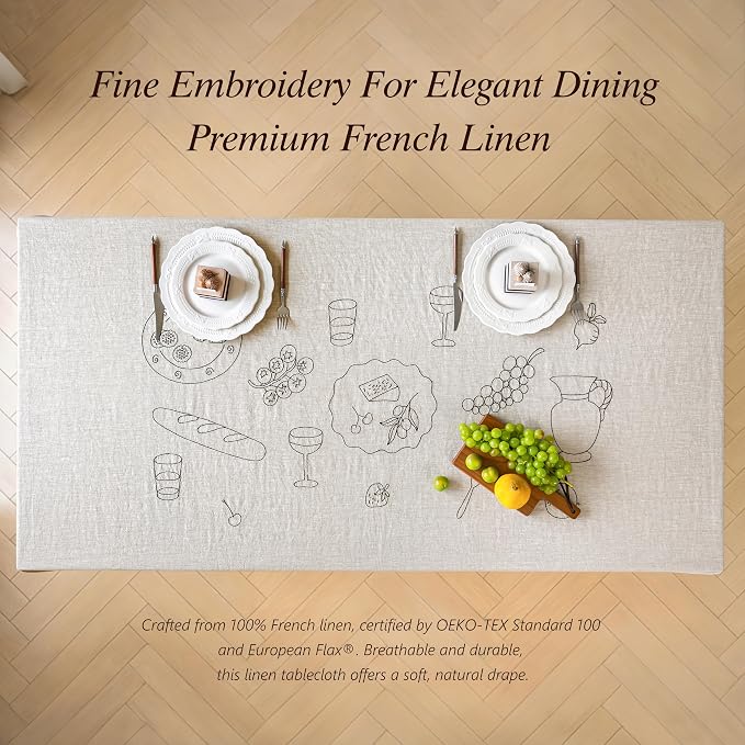 Linen World Embroidered Linen Tablecloth Large 70x157inch,100% French Linen Pre-Washed Table Cloth,Natural Flax Table Cover for Elegant Dining,Banquet Embroidery