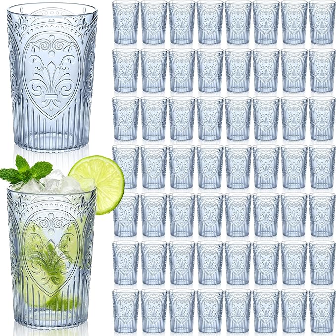 Plastic Vintage Drinking Glasses - 16 oz Stemless Ribbed Highball Glasses Bulk Embossed Reusable Cups for Water Beer Cocktails Juice Wedding Bridal Shower Birthday Event Party(Blue,100 Pcs)
