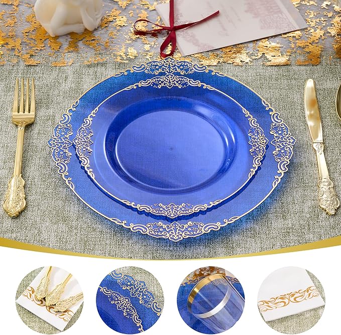 Fijinhom 350pcs Blue Plastic Plates, Elegant Disposable Dinnerware Set, 125 Pieces, White and Gold, Plates, Cups, Cutlery and Napkins (Blue, 50 Guests)