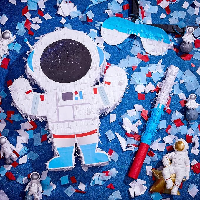Meooeck Astronaut Piñata 14.5 x 12.2 x 2.95 Inch Outer Space Party Decorations Space Themed Party Supplies with Plastic Stick Paper Blindfold Confetti for Birthday Kids Boys Girls Decoration