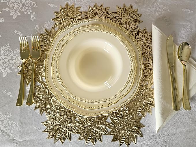 OCCASIONS 50 Pack (25 Guests) Fancy Disposable Plates, Rochelle Ivory Gold | Heavy Duty Scalloped, China-Like Look, 10.25" Dinner + 7.5" Salad/Dessert, Wedding Party, BPA Free, Recyclable, Rigid