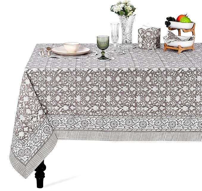 Ridhi Taupe 60x60 Inches Square Indian Hand Block Floral Printed Pure Cotton Cloth Tablecloth, Farmhouse Outdoor Wedding Restaurant Party Home Spring Fall
