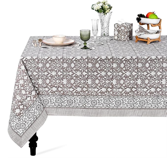 Ridhi Taupe Hand Block Print Cotton Rectangle Tablecloth 120" x 80" inches Reusable Table Cover Decorative Everyday Use for Dining Room, Farmhouse, Home Gift for Spring, Mother's Day