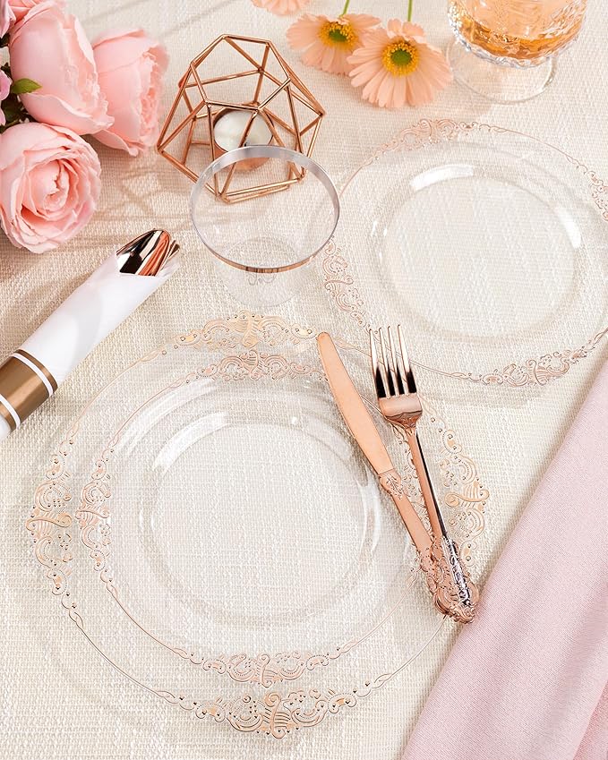 Nervure 175PCS Rose Gold Plastic Plates - Disposable Rose Gold Party Plates & Pre Rolled Napkins with Cutlery for 25 Guests, 50Plates, 75Silverware, 25Cups, 25Napkin for Wedding & Party & Mothers Day