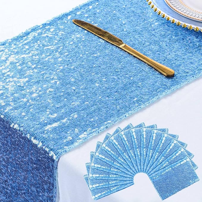 ShinyBeauty Table Runners Baby Blue 12"x108" 15 Pack Sequin Table Runner Glitter Sequence Fabric Cloth Runners Birthday Event Supplies Light Blue Runners for Table Tea Party Wedding Decor