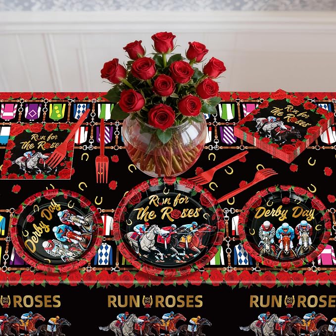 QZYL 122 PCS Derby Party Supplies, Disposable Derby Plates Tablecloths Forks Horse Napkins Set, Run for The Rose Kentucky Racing Horse Decorations for Party Tableware Supplies, Serves 30