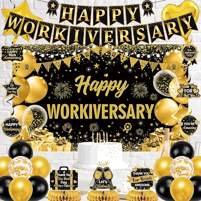 Vlipoeasn Happy Workiversary Banner Decorations for Women Men, Black Gold Work Anniversary Bacdrop Banner Honeycomb Centerpieces, Office Decor Staff Teachers Professors Doctor Nurses Workiversary