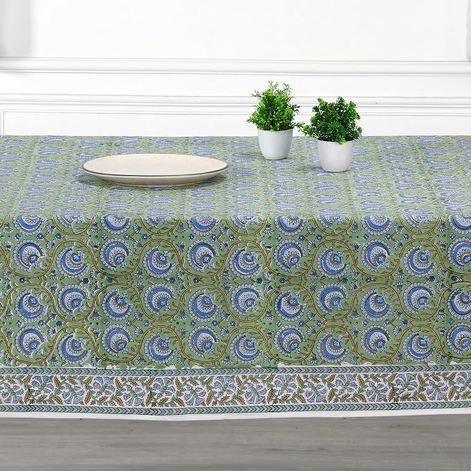 Ridhi Verdant Mist Hand Block Print Cotton Rectangle Tablecloth 120" x 60" inches Reusable Table Cover Decorative Everyday Use for Dining Room, Farmhouse, Home Gift for Spring, Mother's Day