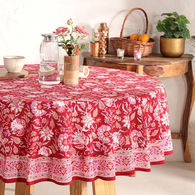 Hand Block Printed Tablecloth – Colorful Floral Print | 100% Cotton | Indian Artisan Handmade Art | Dining Room, Kitchen, Outdoor Décor, (Cherry Red, 4 Seater 60 Inches Round)