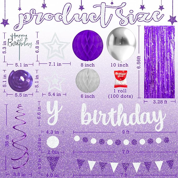 Purple and Silver Birthday Party Decorations Set - Happy Birthday Banner Balloons Foil Curtains Hanging Swirls for Women Girls Birthday Party Supplies