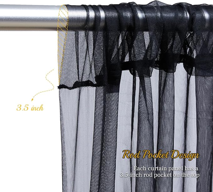 30x8ft Black Tulle Backdrop Curtain with Lights String for Parites, Sheer Backdrop Curtains for Wedding Baby Shower Birthday Party Photo Shoot Decorations